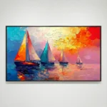 Gestural impressionist hand-painted canvas depicting sailboats at sunset in vibrant coral, gold, and turquoise tones, displayed in a contemporary living space