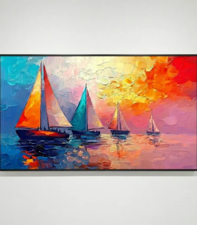 Gestural impressionist hand-painted canvas depicting sailboats at sunset in vibrant coral, gold, and turquoise tones, displayed in a contemporary living space