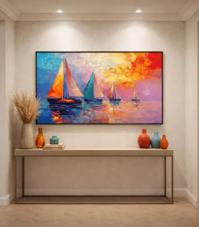 Impressionist hand-painted canvas depicting sailboats at sunset in vivid orange, blue, and pink brushstrokes, contemporary entryway