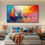 Impressionist hand-painted canvas of sailboats at sunset in vibrant blues, oranges, and reds, contemporary bedroom