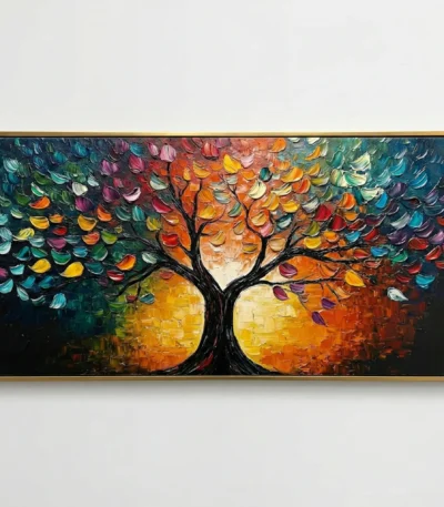 Textured abstract hand-painted canvas of a gnarled tree with vibrant multicolored foliage against warm golden sky, contemporary living space