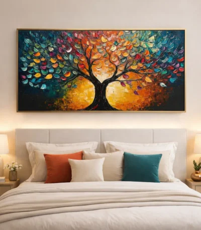 Textured expressionist painting depicting a vibrant tree with multicolored foliage and golden roots on dark background, contemporary bedroom