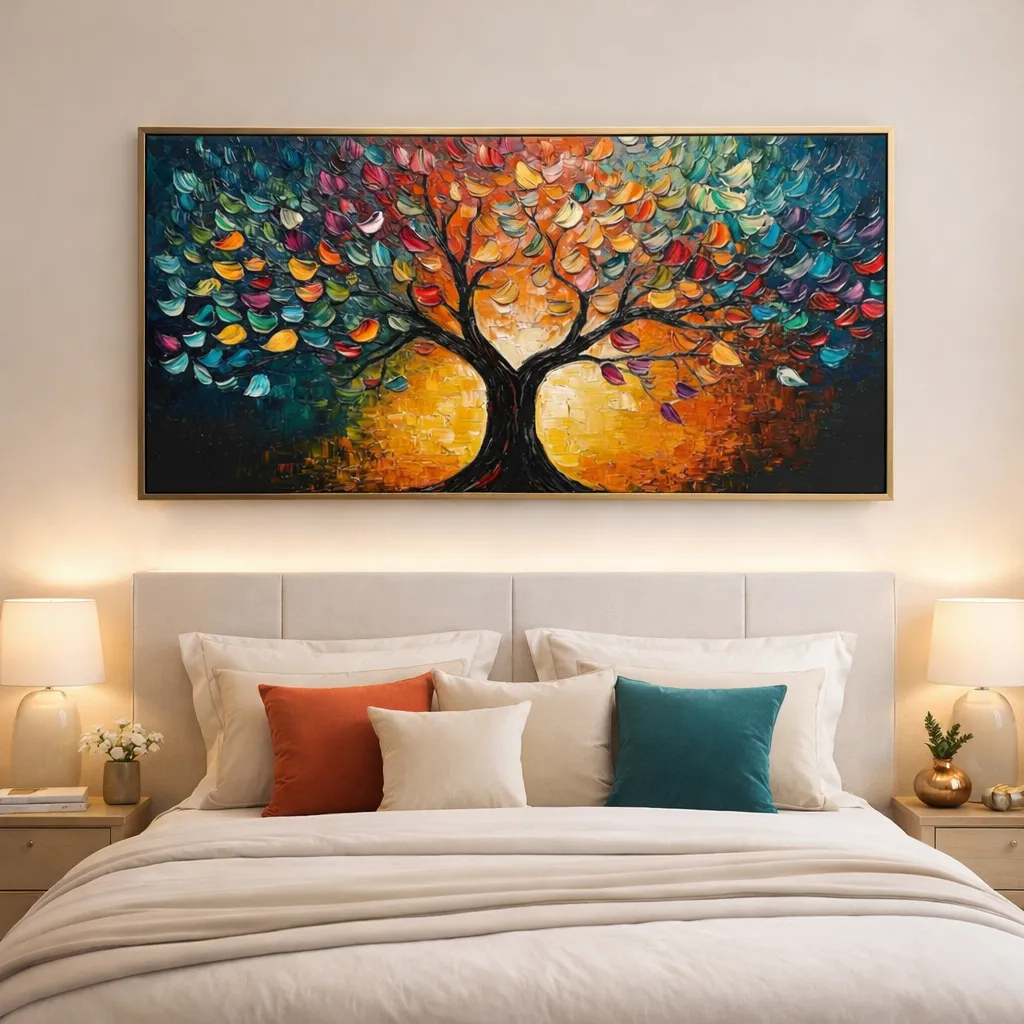 Chromatic Forest Canopy Rich multicolored abstract strokes color art (2) Textured expressionist painting depicting a vibrant tree with multicolored foliage and golden roots on dark background, contemporary bedroom