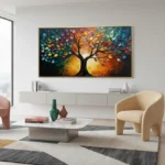 Textured expressionist painting of a vibrant tree with multicolored foliage and golden base on dark canvas, contemporary living space