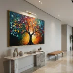 Textured contemporary hand-painted canvas of vibrant tree with multicolored foliage in warm and cool tones, modern entryway