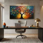 Textured abstract hand-painted canvas depicting split tree with multicolored foliage and glowing dual suns in warm and cool tones, contemporary office setting