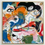 Gestural abstract expressionist hand-painted canvas depicting stylized face in vibrant multicolored strokes and bold line work