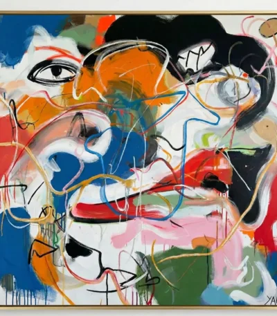 Gestural abstract expressionist hand-painted canvas depicting stylized face in vibrant multicolored strokes and bold line work