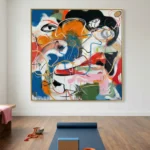 Gestural abstract expressionist hand-painted canvas layered with bold geometric forms and vibrant multicolored brushstrokes, yoga studio setting