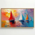 Gestural impressionist painting of colorful sailboats on water in vibrant sunset tones, hand-painted canvas with dynamic brushwork, modern living space