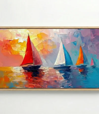 Gestural impressionist painting of colorful sailboats on water in vibrant sunset tones, hand-painted canvas with dynamic brushwork, modern living space