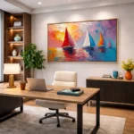 Gestural abstract painting depicting colorful sailboats on vibrant water in warm and cool tones, modern office setting