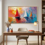 Gestural impressionist painting of sailboats with vibrant red, orange, and blue sails in dynamic water reflections, styled in a contemporary workspace