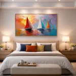 Impressionist hand-painted canvas depicting colorful sailboats with red, white, and orange sails against warm sunset and cool water tones, modern bedroom