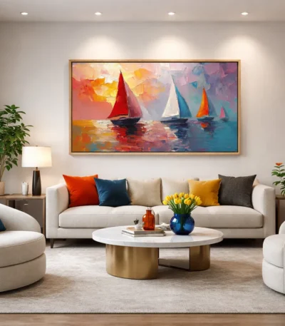 Impressionist hand-painted canvas depicting colorful sailboats at sunset in warm reds, golds, and cool blues, contemporary living space