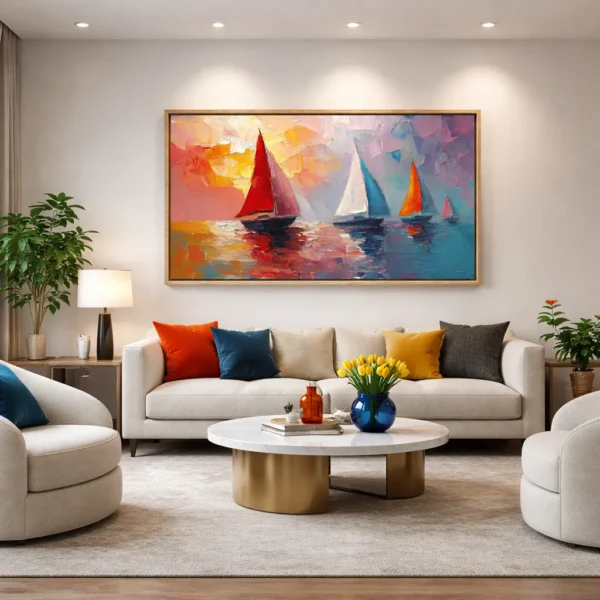 Impressionist hand-painted canvas depicting colorful sailboats at sunset in warm reds, golds, and cool blues, contemporary living space