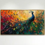 Expressionist hand-painted canvas depicting a vibrant peacock with iridescent feathers in dynamic jewel tones and warm oranges, against neutral wall