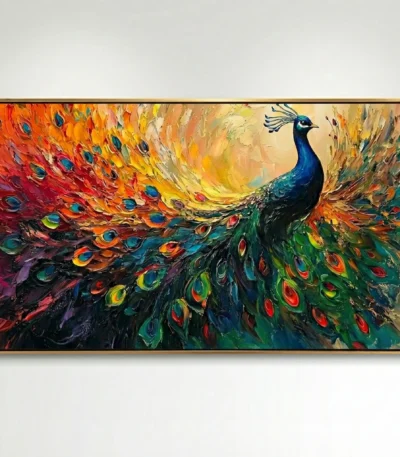 Expressionist hand-painted canvas depicting a vibrant peacock with iridescent feathers in dynamic jewel tones and warm oranges, against neutral wall