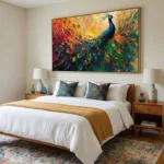Expressionist hand-painted canvas depicting a vibrant peacock in rich jewel tones and warm oranges, contemporary bedroom