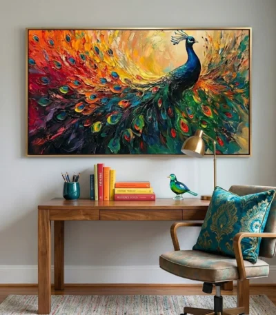Textured expressionist hand-painted canvas depicting a vibrant peacock with iridescent tail feathers in bold reds, oranges, golds and jewel tones, contemporary study space