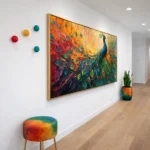 Gestural expressionist hand-painted canvas depicting a vibrant peacock in fiery oranges, jewel teals, and deep crimsons, contemporary hallway setting