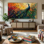 Expressive hand-painted canvas depicting a vibrant peacock with iridescent plumage in bold reds, golds, teals, and blues, contemporary living space