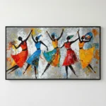 Gestural contemporary canvas depicting five dancing figures in vibrant red, blue, yellow and orange dresses against textured grey and white background