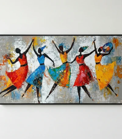 Gestural contemporary canvas depicting five dancing figures in vibrant red, blue, yellow and orange dresses against textured grey and white background