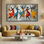 Contemporary figurative hand-painted canvas depicting five dancing women in vibrant red, blue, and yellow tones, modern living space