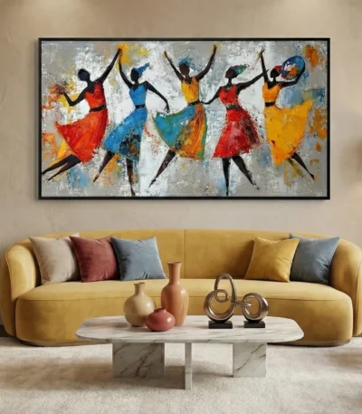 Contemporary figurative hand-painted canvas depicting five dancing women in vibrant red, blue, and yellow tones, modern living space