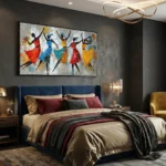Gestural figurative hand-painted canvas depicting dancing figures in vibrant red, blue, yellow and orange tones, contemporary bedroom setting