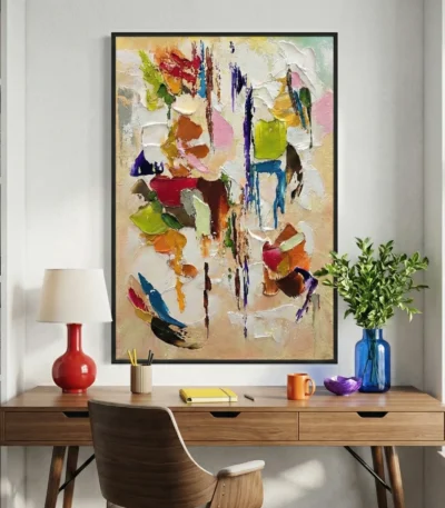 Gestural abstract expressionist hand-painted canvas in vibrant multicolored brushstrokes with layered impasto texture, contemporary workspace