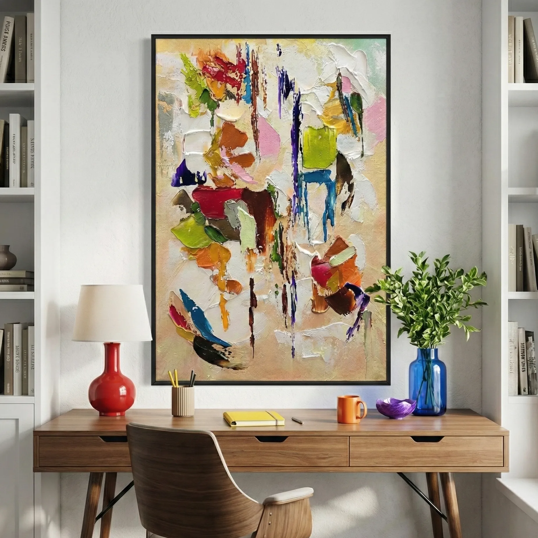 Chromatic Terrain Bold, abstract colors on beige color wall art (2) Gestural abstract expressionist hand-painted canvas in vibrant multicolored brushstrokes with layered impasto texture, contemporary workspace