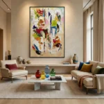 Gestural abstract hand-painted canvas in vibrant jewel tones and cream, layered with dynamic brushstrokes, contemporary living space