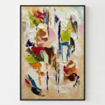 Abstract expressionist hand-painted canvas with gestural brushstrokes in vibrant reds, blues, yellows, and earth tones