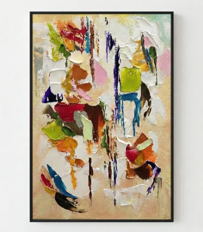 Abstract expressionist hand-painted canvas with gestural brushstrokes in vibrant reds, blues, yellows, and earth tones