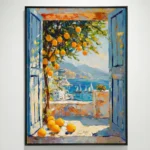 Impressionist hand-painted canvas featuring Mediterranean coastal view through open blue doors with orange tree and fallen fruit, vibrant turquoise and golden palette