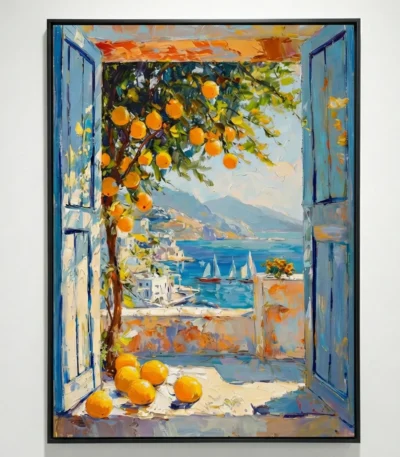 Impressionist hand-painted canvas featuring Mediterranean coastal view through open blue doors with orange tree and fallen fruit, vibrant turquoise and golden palette