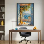 Impressionist hand-painted canvas depicting Mediterranean coastal window with golden oranges, azure sea, and sailboats in warm ochre tones, modern office setting