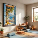 Impressionist hand-painted canvas depicting Mediterranean window view with golden lemons and coastal landscape in vibrant blues and oranges, yoga studio setting