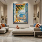 Impressionist hand-painted canvas depicting Mediterranean coastal window with hanging oranges, sailboats, and vibrant blue-orange palette, contemporary living space
