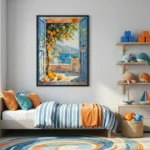 Impressionist hand-painted canvas depicting Mediterranean coastal view through blue shutters with cascading oranges, sailboats and mountains in warm golden and cool blue palette, modern bedroom