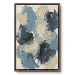 Abstract painting of loose blue-grey, cream and charcoal knife strokes on visible linen texture, walnut frame