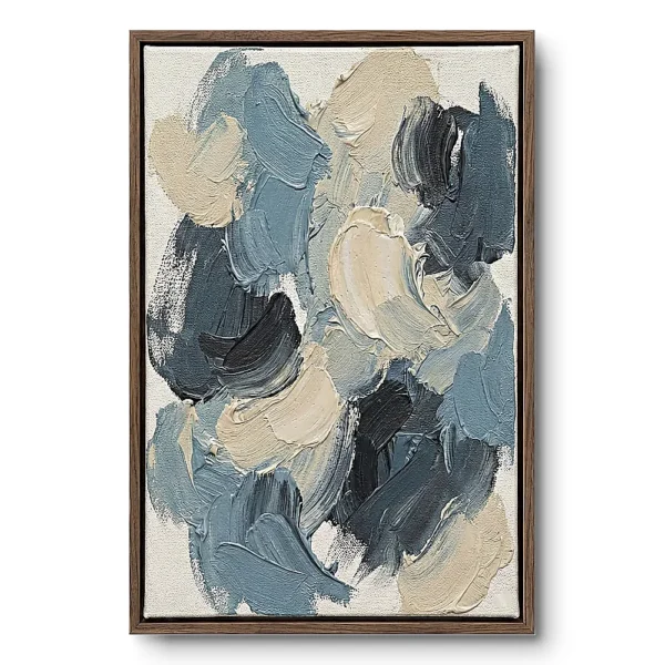 Abstract painting of loose blue-grey, cream and charcoal knife strokes on visible linen texture, walnut frame
