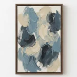 Gestural abstract hand-painted canvas in layered slate blue, cream and charcoal brushstrokes, contemporary living space