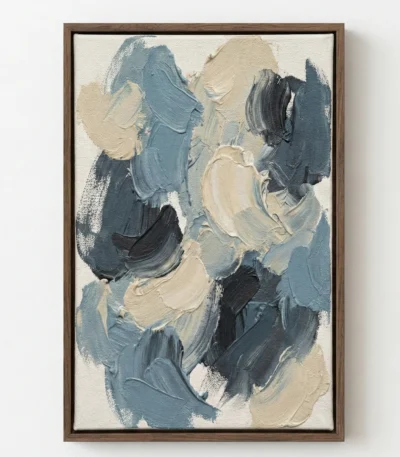 Gestural abstract hand-painted canvas in layered slate blue, cream and charcoal brushstrokes, contemporary living space