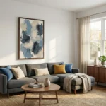 Gestural abstract hand-painted canvas in layered blues, creams, and charcoal with expressive brushwork, contemporary living space