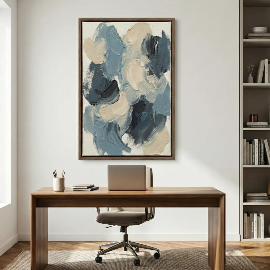 Gestural abstract hand-painted canvas in layered blue, cream, and charcoal brushstrokes, contemporary workspace