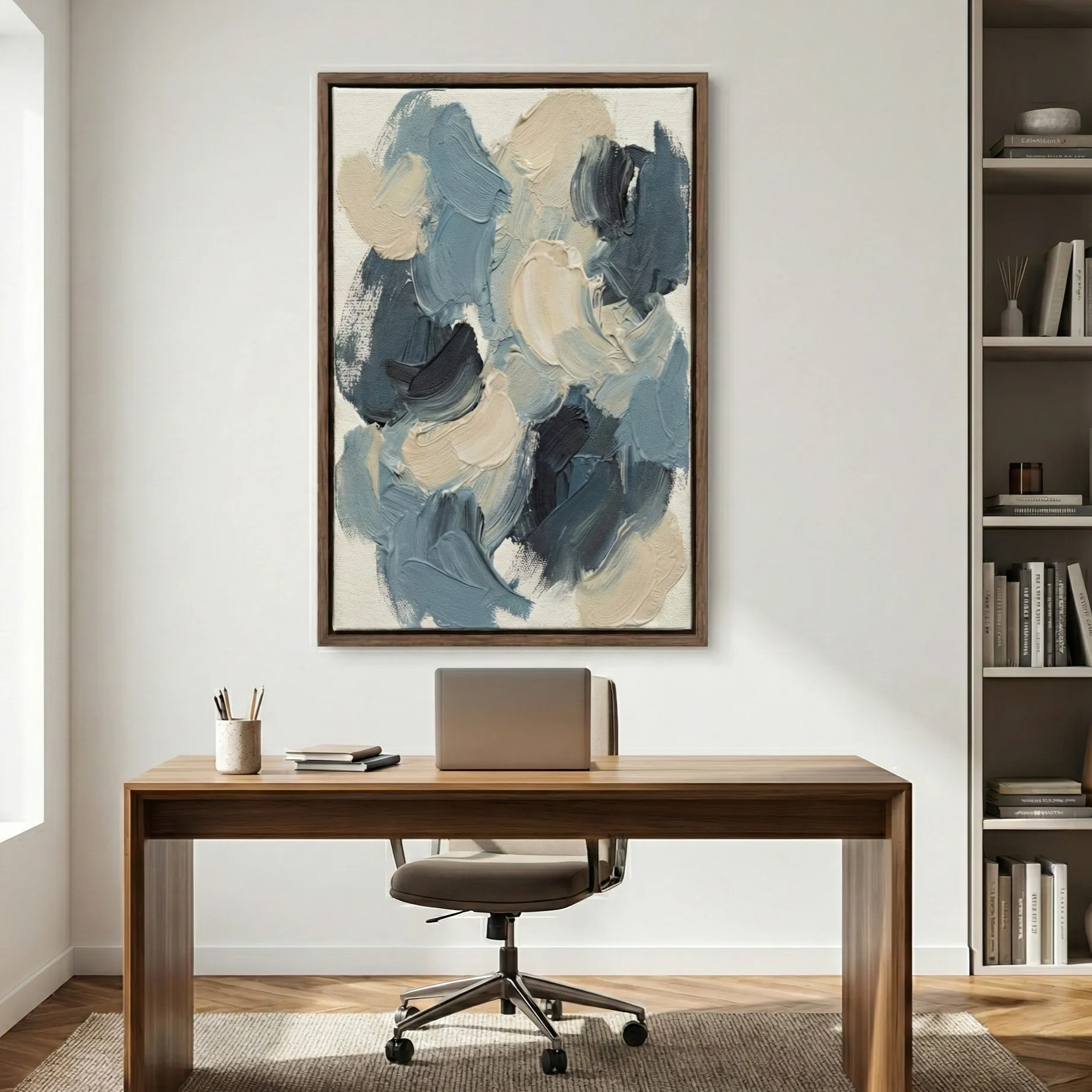 Coastal Flow Fluid blue and beige hues. abstract art (5) Gestural abstract hand-painted canvas in layered blue, cream, and charcoal brushstrokes, contemporary workspace