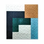 Textured abstract hand-painted canvas with geometric colour blocking in navy, teal, cream, timber and sky blue tones